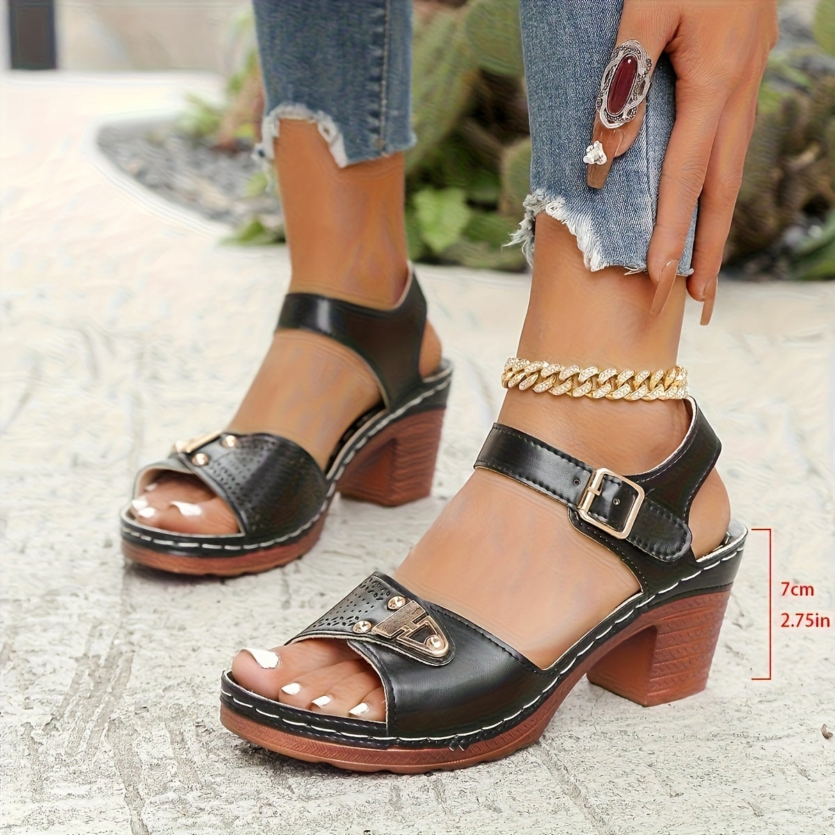 Women’s Light Blue Chunky Heel Shoes Open Toe Summer Fashion