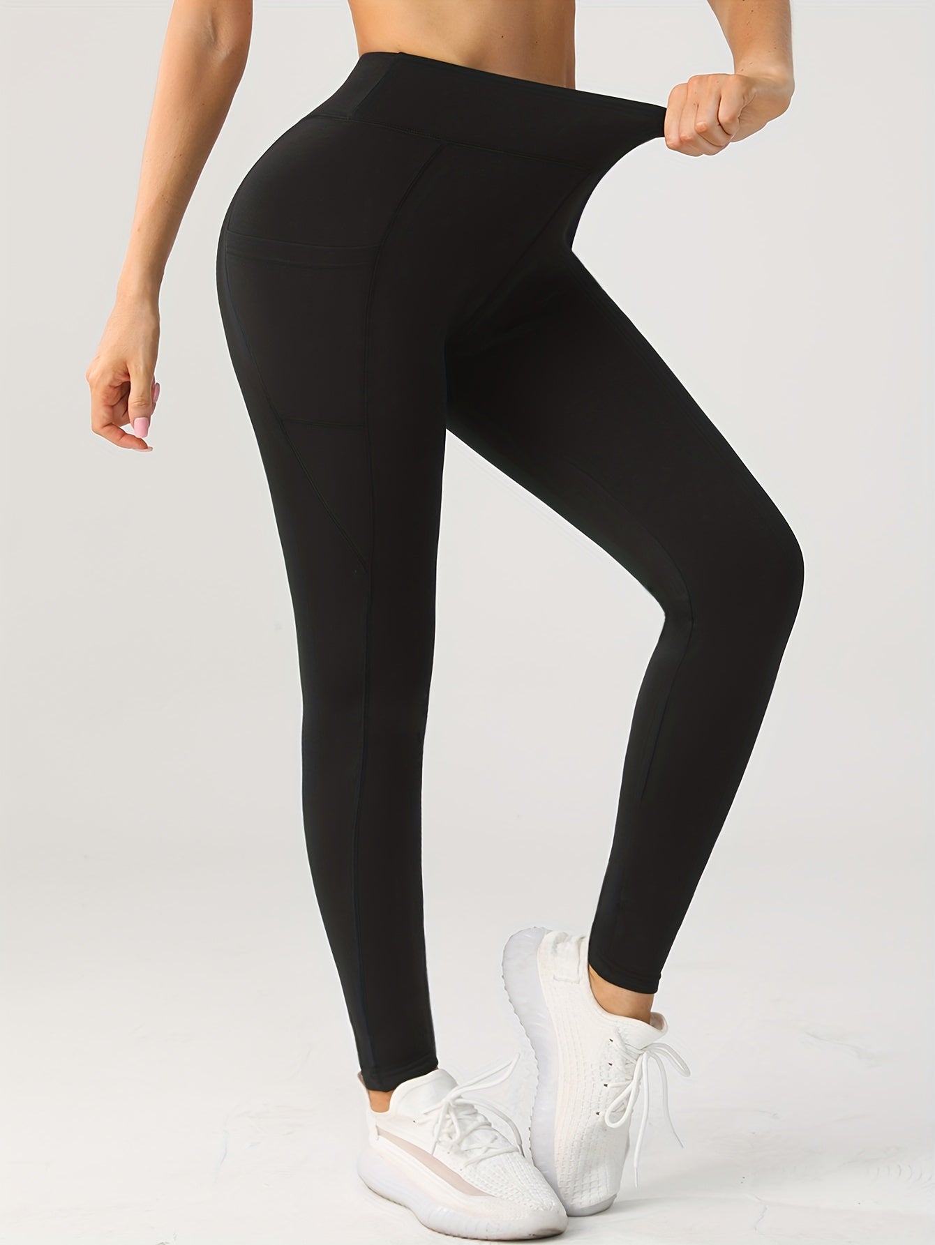 Women's Plus Size High Waist Yoga Pants Polyester Knit Skinny Tights with Pockets