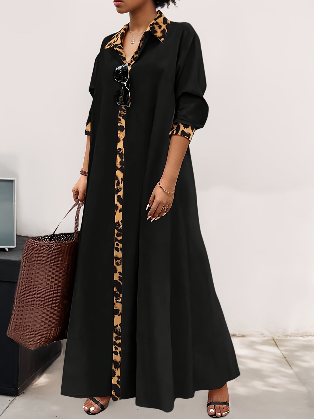 Plus Size Long Dress with Leopard Print Trim and Regular Sleeves for Women