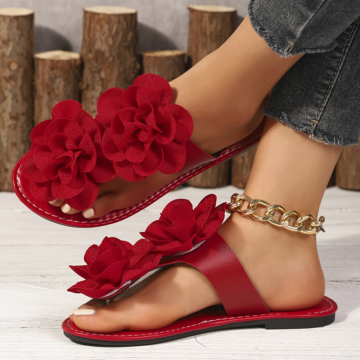 Women's Floral Flat Sandals Open Toe Slip-On with Ankle Strap