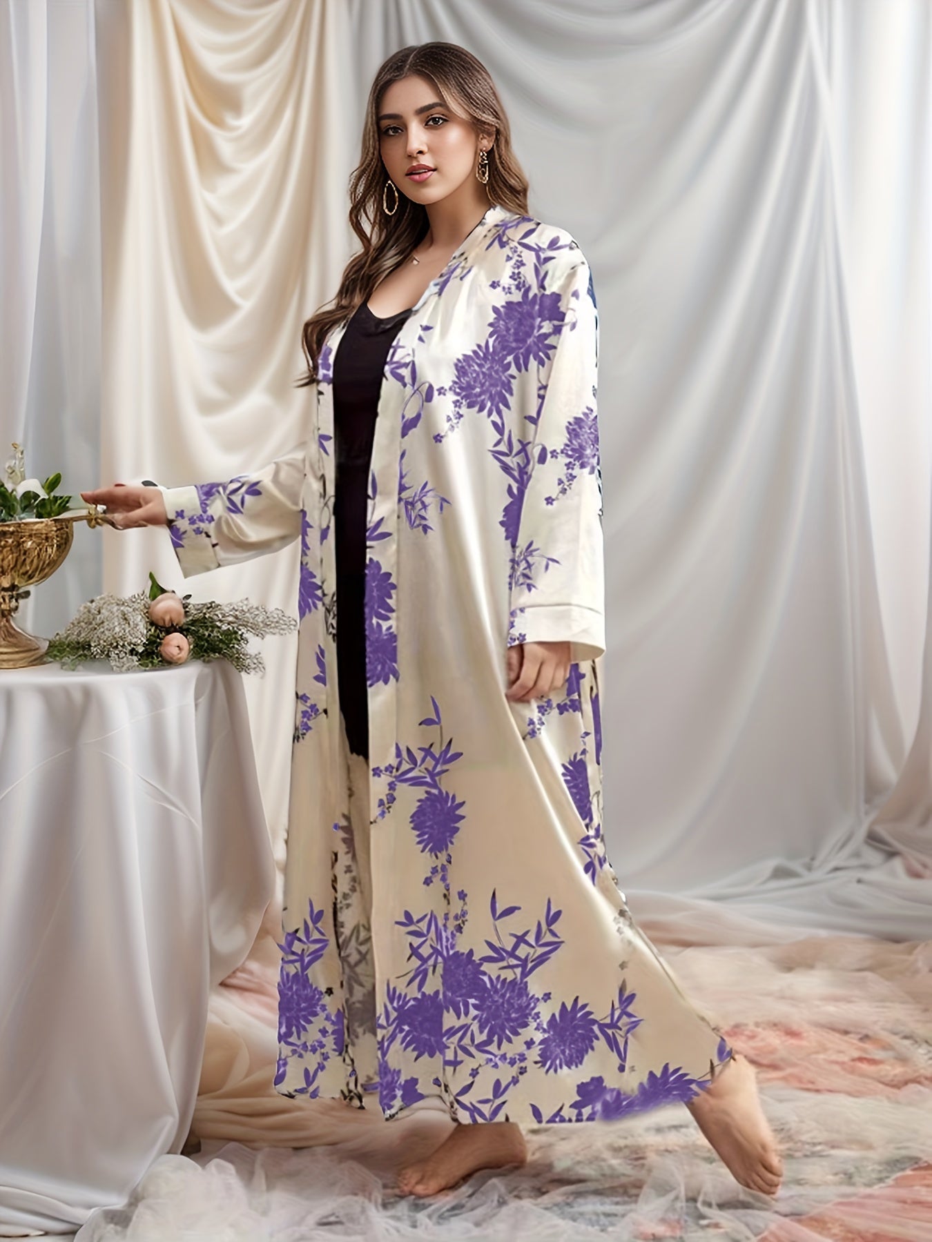 Bata de dormir de satén con estampado floral para mujer talla plus, de manga larga y abertura frontal