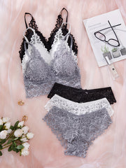 Women's Lace Lingerie Set with Wireless Bra, Panties, Removable Pads, Nylon Blend, 6-Piece