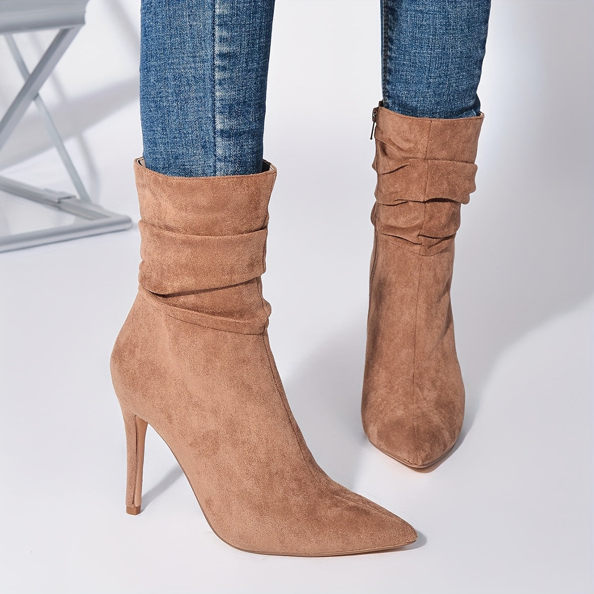 Women's Pink Velvet Pointed Toe Stiletto Ankle Boots with Zipper