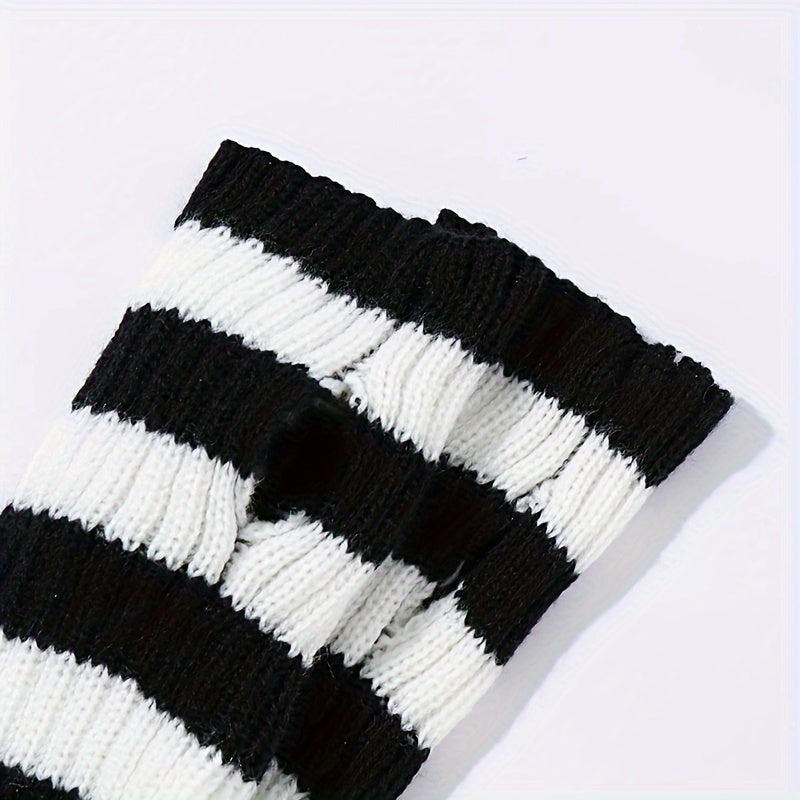 Women's Long Striped Knit Gloves with Thumb Hole and Arm Cover for Autumn Winter