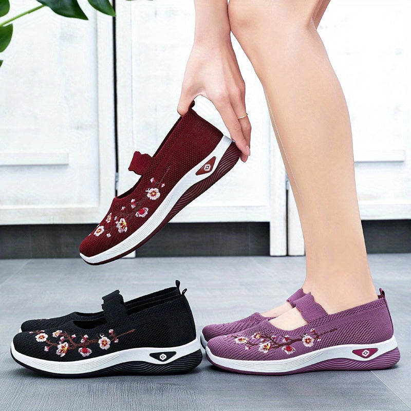 Women Breathable Casual Sneakers Slip-On Loafers Floral Pattern
