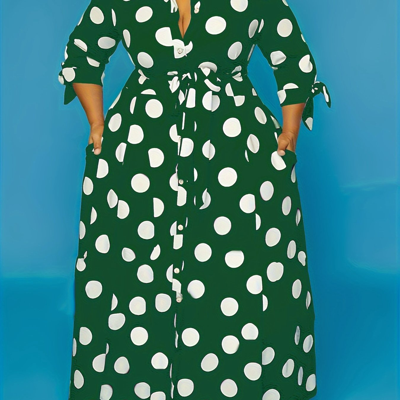 Plus Size Women's Polka Dot Maxi Dress with Collared Button Front and Belt