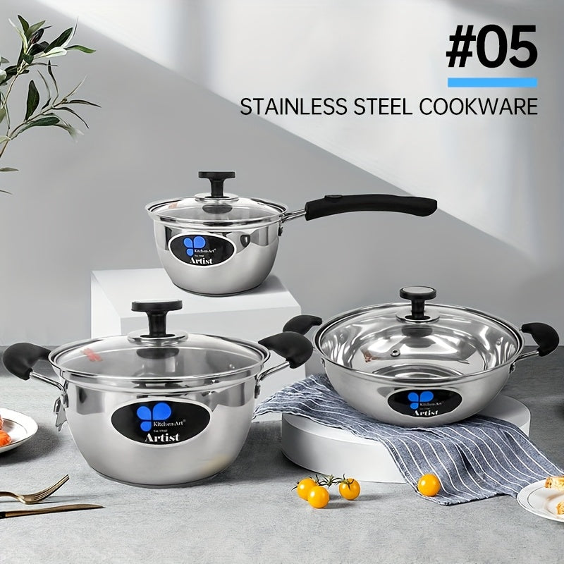 Stainless Steel Cookware Set 3 Pieces Induction Gas Stove Compatible Kitchen