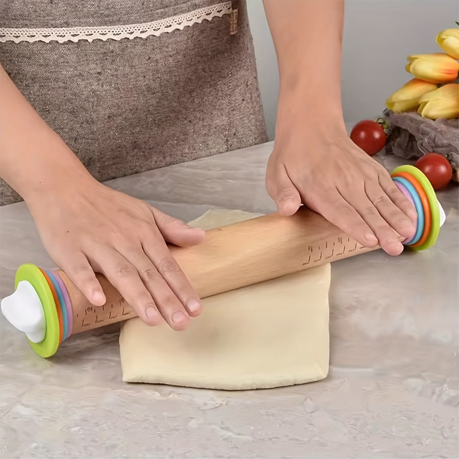 Wooden Rolling Pin Set with Adjustable Rings for Baking and Holiday Cookies