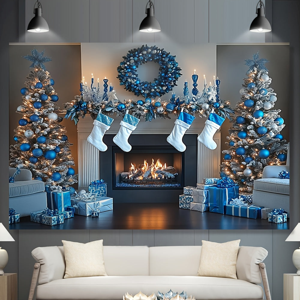 Blue and White Fireplace Backdrop Polyester Decor Multi-Season Wall Covering