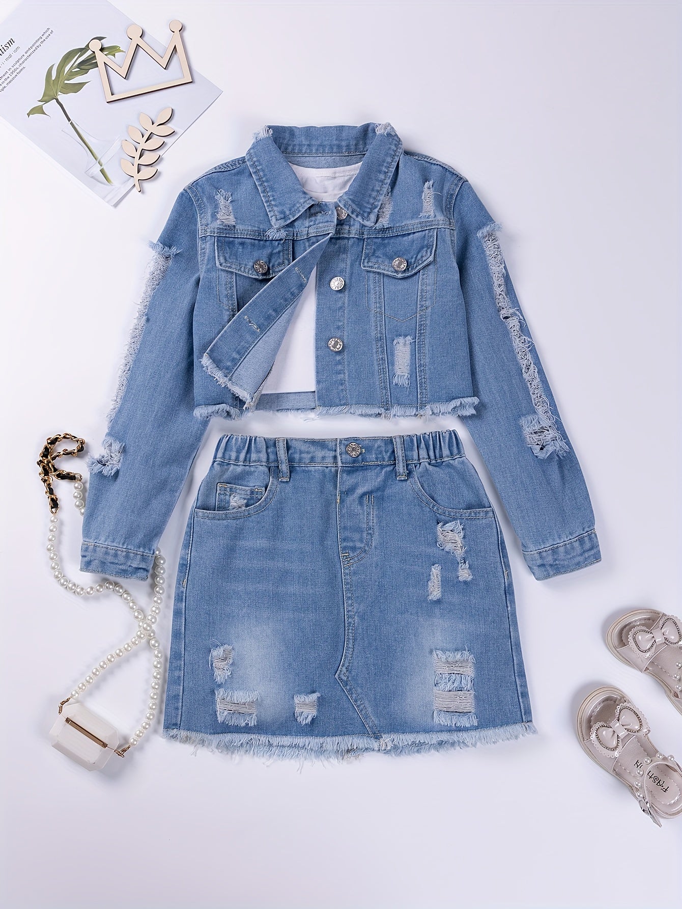 Girls Ripped Denim Set with Long-Sleeve Jacket and Skirt for Outdoor Wear