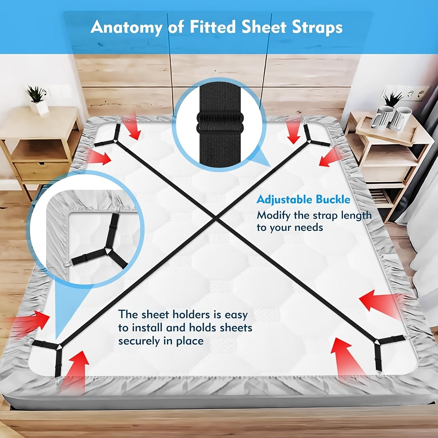 Set of 2 Adjustable Bed Sheet Holder Straps with Crisscross Design and Elastic Bands