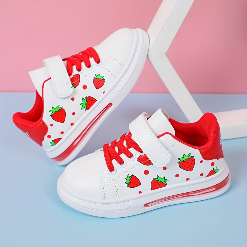 Girls Low Top Sneakers with Strawberry Cartoon Pattern All-Season Non-Slip Skateboard Shoes