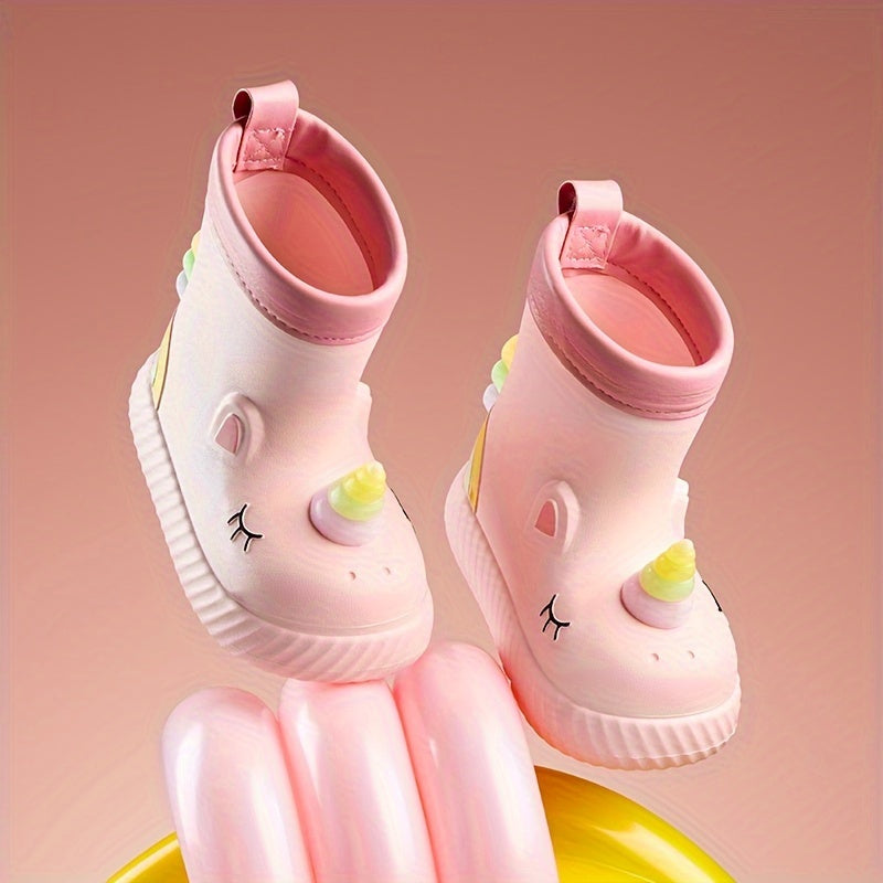 Kids Girls Pink and White Cartoon Unicorn Waterproof Rain Boots Slip-On Non-Slip Short Outdoor Hiking Toddler