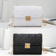 Quilted Crossbody Bag with Chain Strap Lock Closure Faux Leather Solid Color for Women
