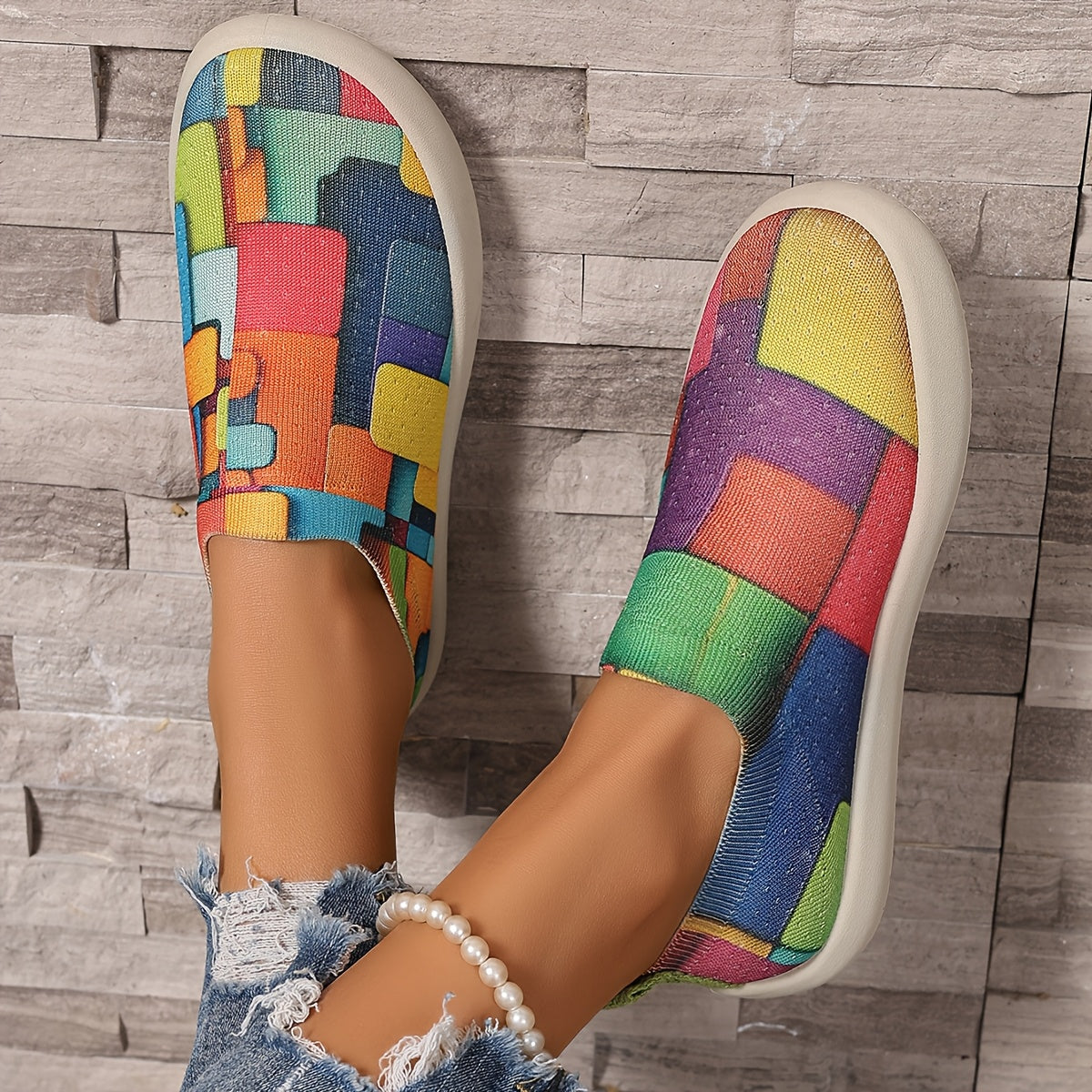 Zapatillas slip-on coloridas con diseño geométrico para mujer, transpirables y casuales