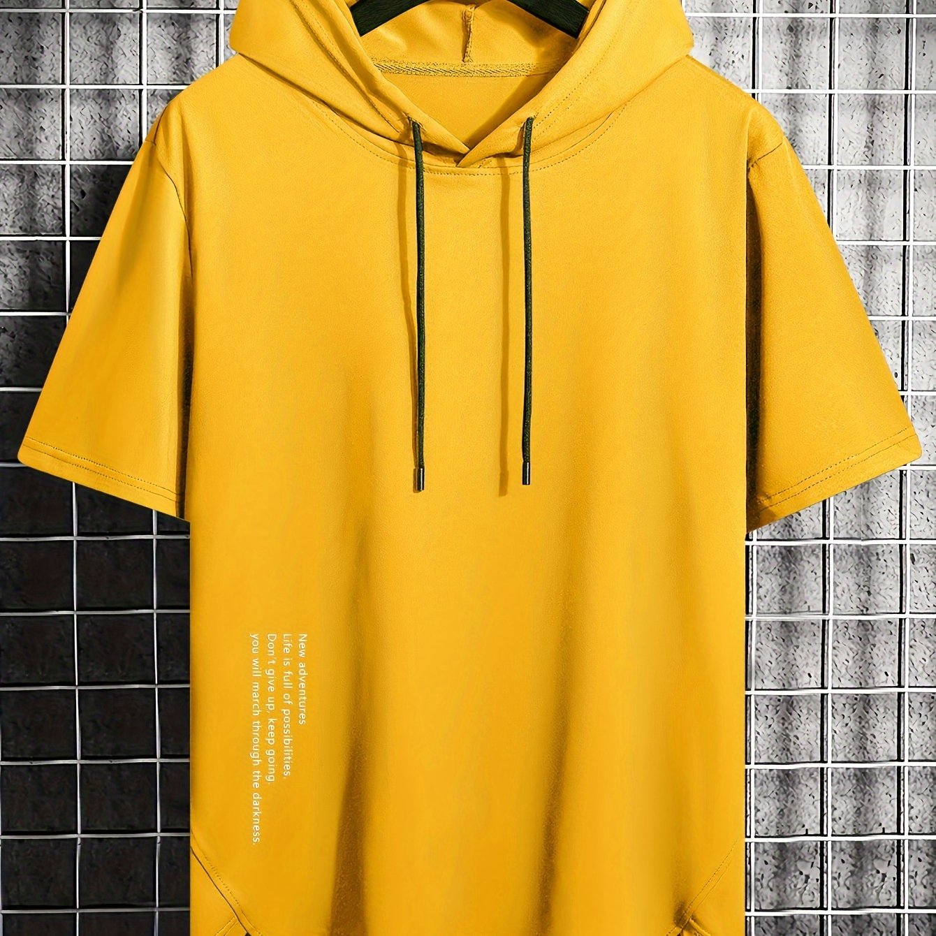 Men's Summer Casual Hooded T-Shirt with Asymmetrical Alphabet Print Short Sleeve Knit Fabric