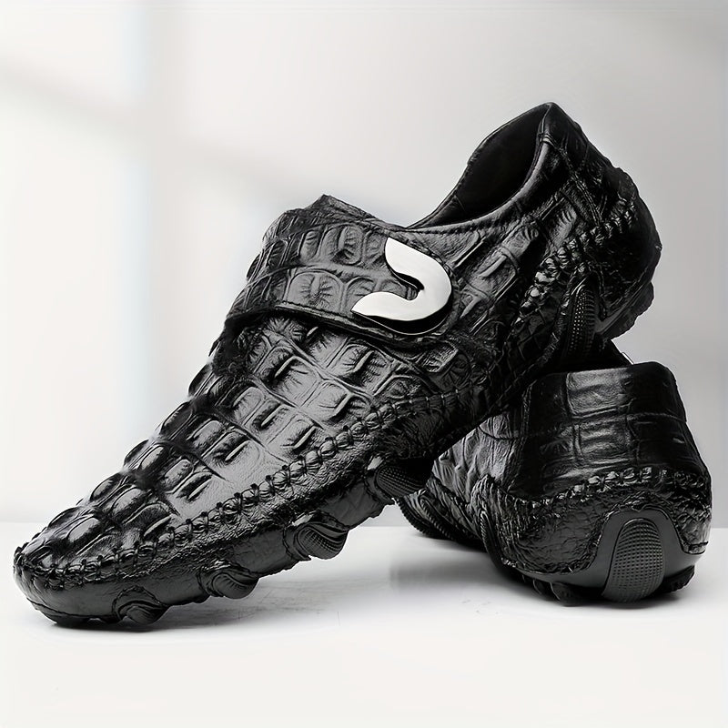 Men's Croc Effect Leather Loafer Shoes with Hook and Loop Fastener Non-slip Slip-On Casual Footwear