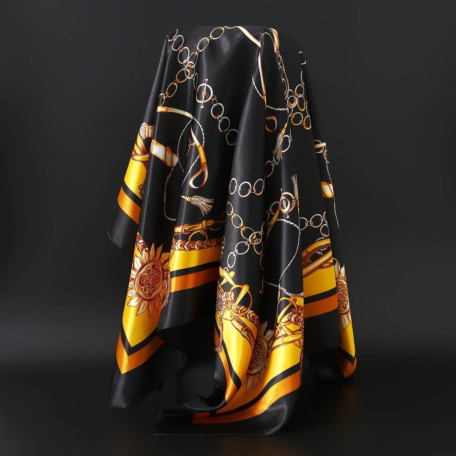 Black and Gold Print Square Scarf with Floral and Geometric Design for All Seasons