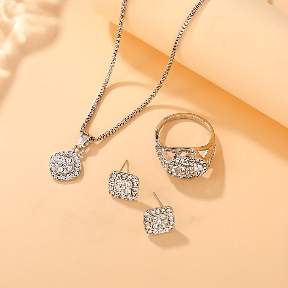 Set of 4 Elegant Rhinestone Square Pendant Jewelry for Women Daily Party Gift