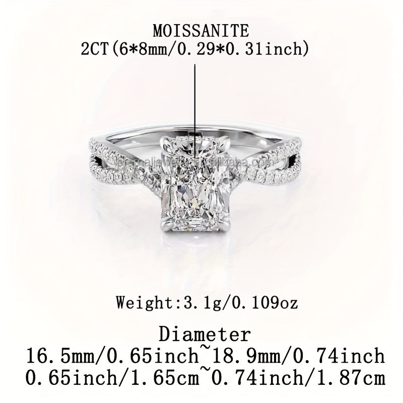 To‘g‘ri burchakli Moissanite to‘y uzuk - Taklif va yubiley uchun mukammal, gippoallergen kesish shank, Boho uslubi, Ayollar uchun nafis S925 sterling kumush zargarlik buyumlari, Sovg‘a qutisi bilan birga keladi.