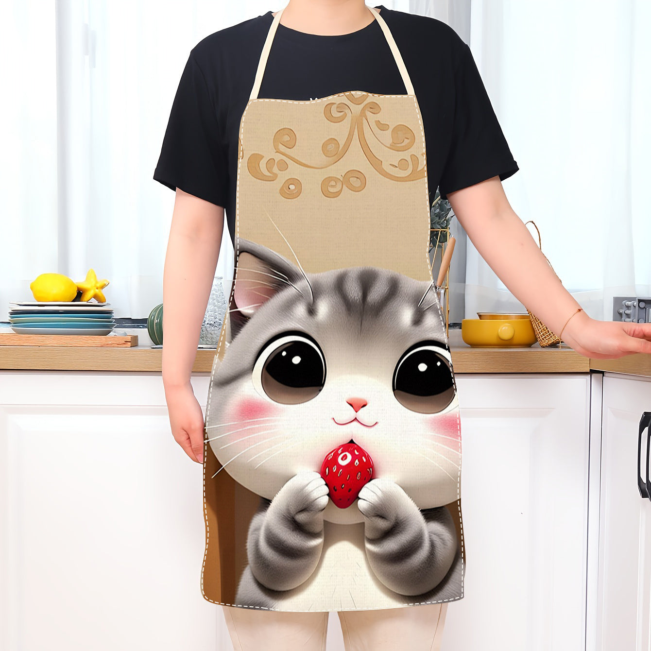 Cute Cat and Strawberry Print Linen Apron Sleeveless Lightweight for Cooking and Baking