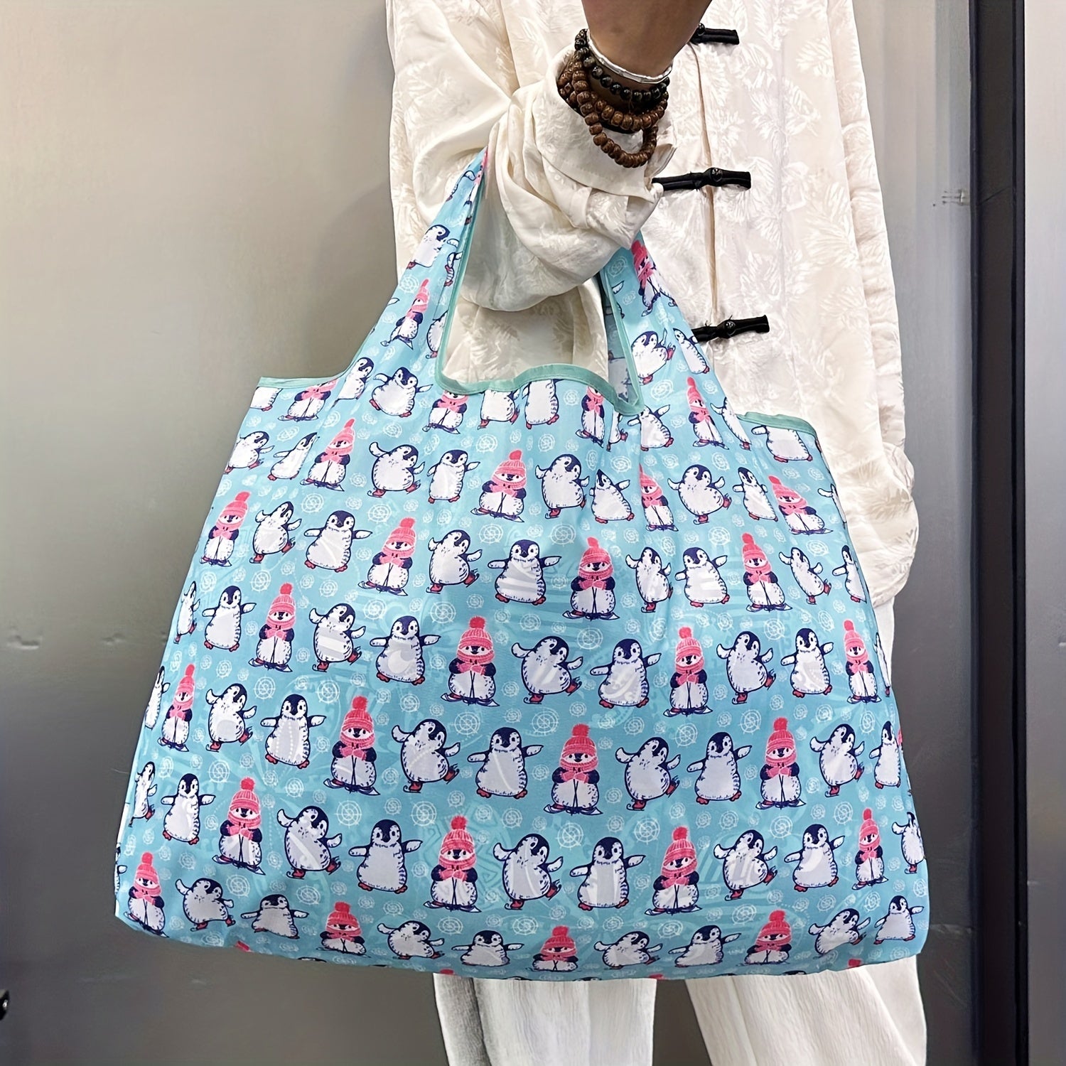 Lightweight Penguin Pattern Tote Bag Reusable Water-Resistant Shopping Grocery