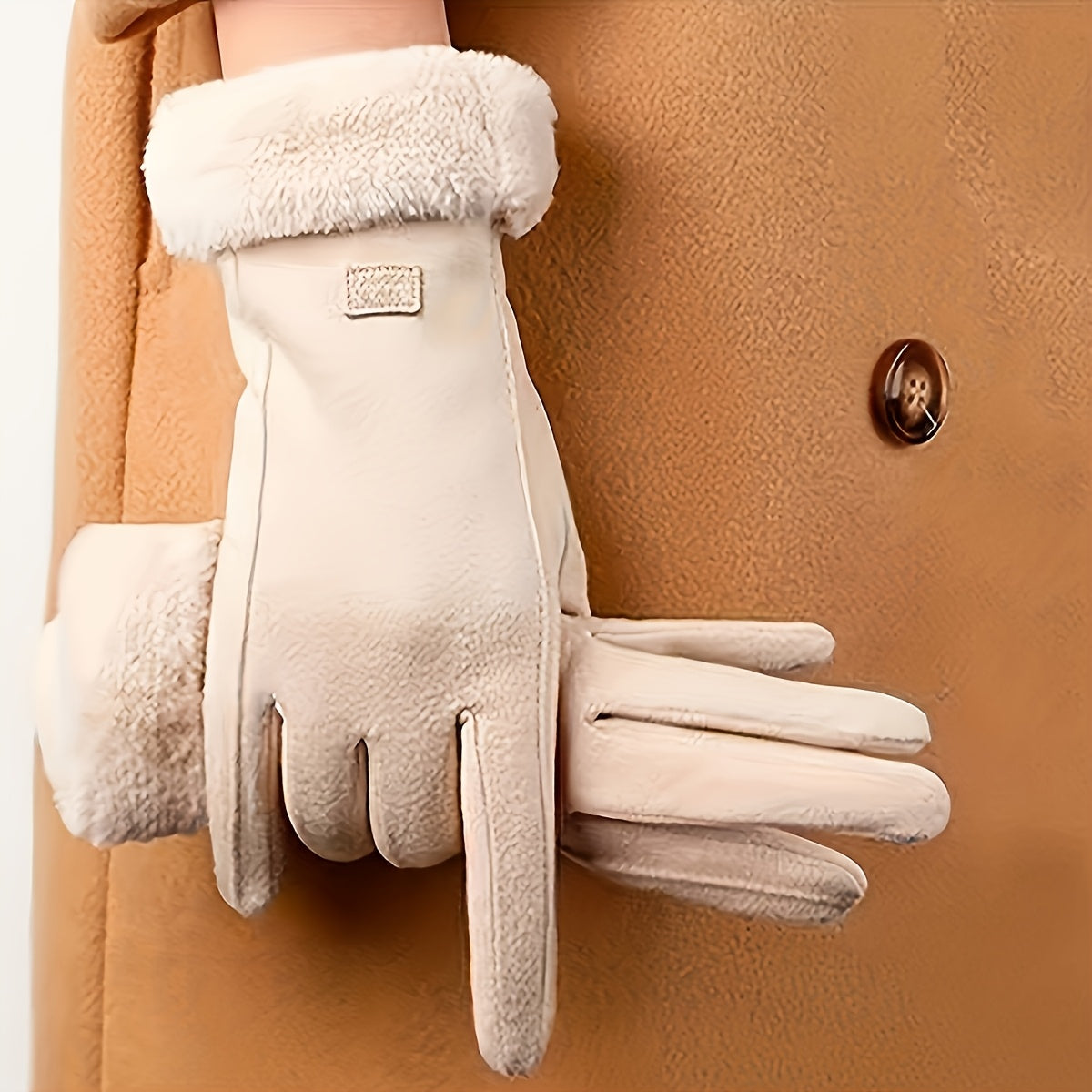 Women's Beige Touchscreen Gloves with Plush Lining and Full Finger Design