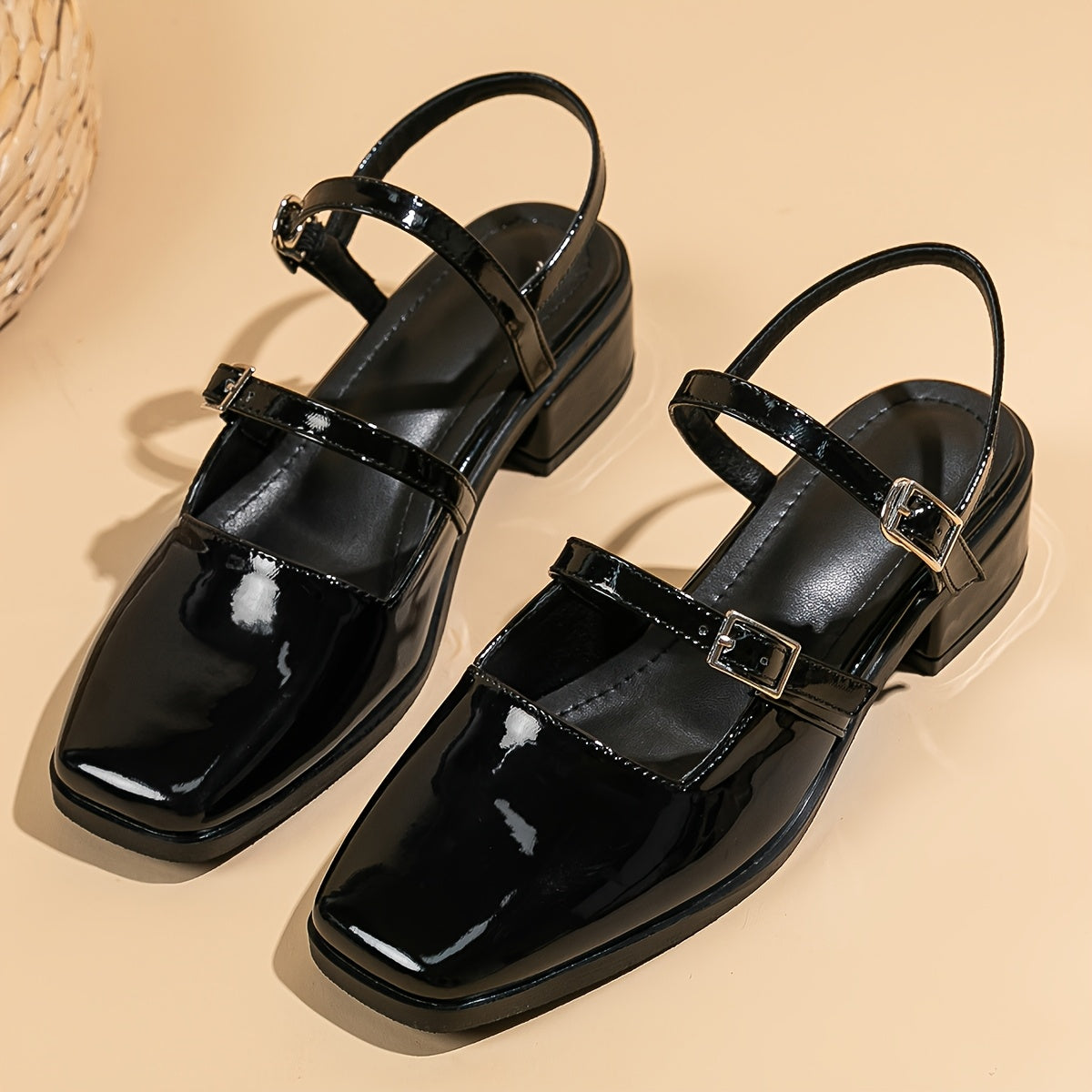 Ayollar uchun faux charmli qora Mary Jane poyabzal, qattiq shoxli va tizzaga bog'lam bilan