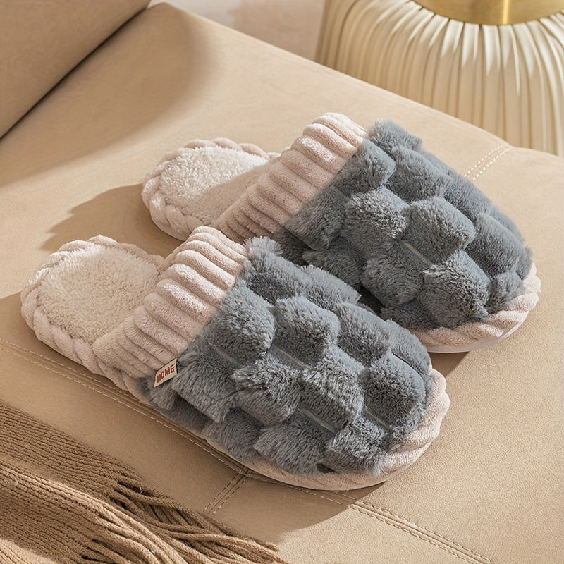Unisex Plaid Faux Fur Slippers All-Season Indoor Non-Slip House Shoes