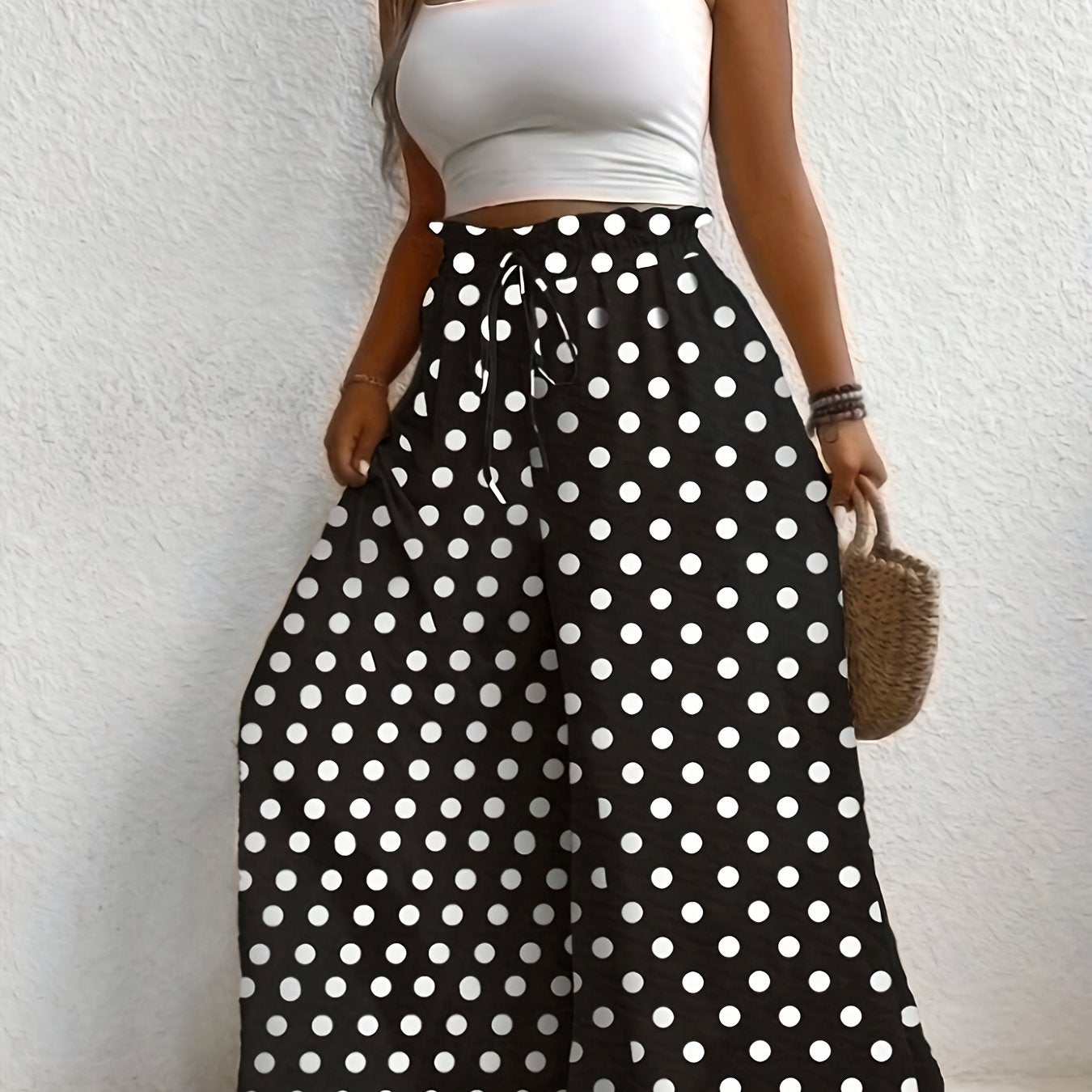 Plus Size Women's Tropical Print Wide-Leg Pants Elastic Waist Beach Vacation Non-Stretch Fabric