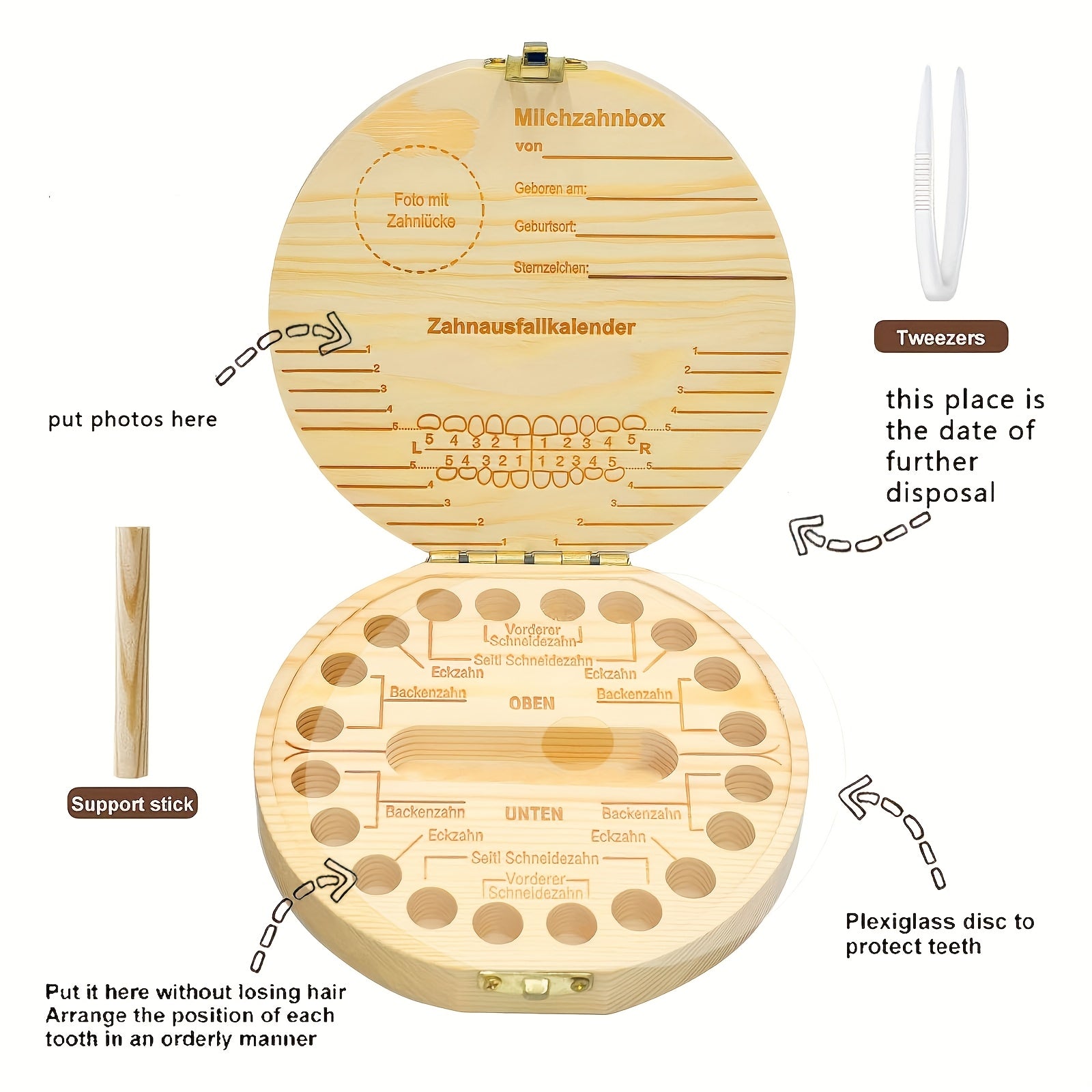 Caja de madera para guardar los dientes de bebé con pinzas para dientes, cabello y cordón umbilical