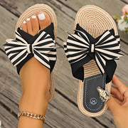 Women's Summer Striped Bowknot Slides Flat Beach Sandals with Ankle Strap