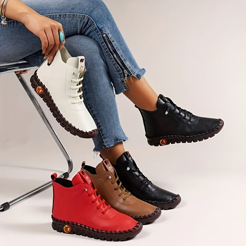 Women's Chunky Sole Platform Ankle Boots Synthetic Lace-Up Black Red Brown