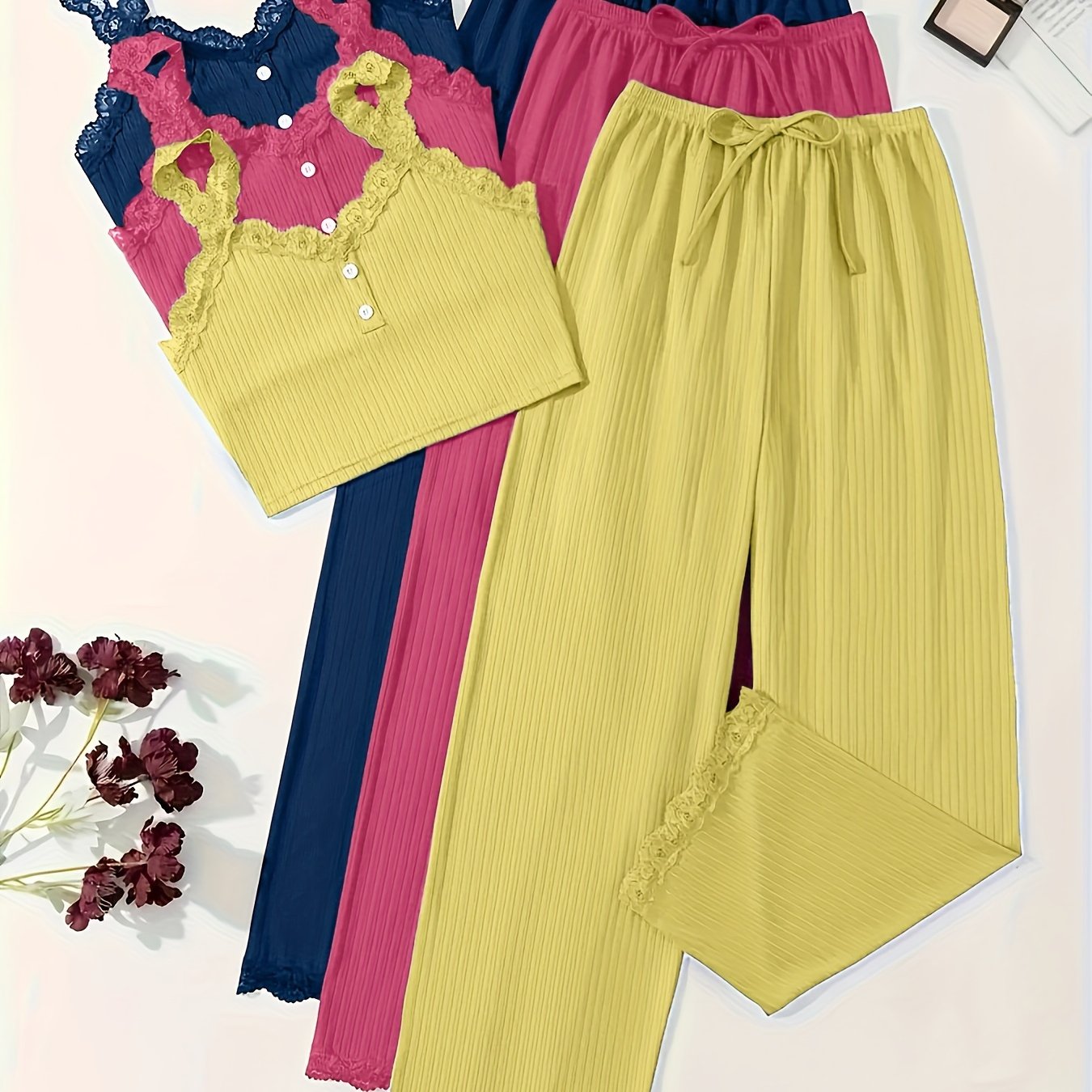 Women's Plus Size Lounge Set 3 Pieces Lace Ribbed Cami Top and Pants