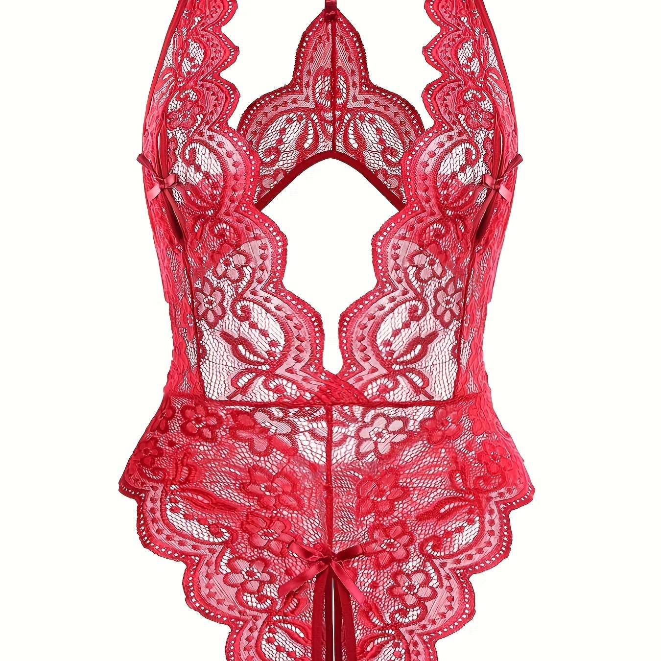 Plus Size Lace Bodysuit Women's Crotchless Halter Teddy with Rhinestones