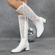 Women White Lace-Up High Heel Boots with Side Zipper for Fall Winter