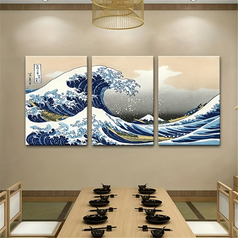 Conjunto de 3 carteles de arte en lienzo de estilo japonés, olas de Kanagawa, decoración de paisaje para sala de estar, dormitorio, oficina