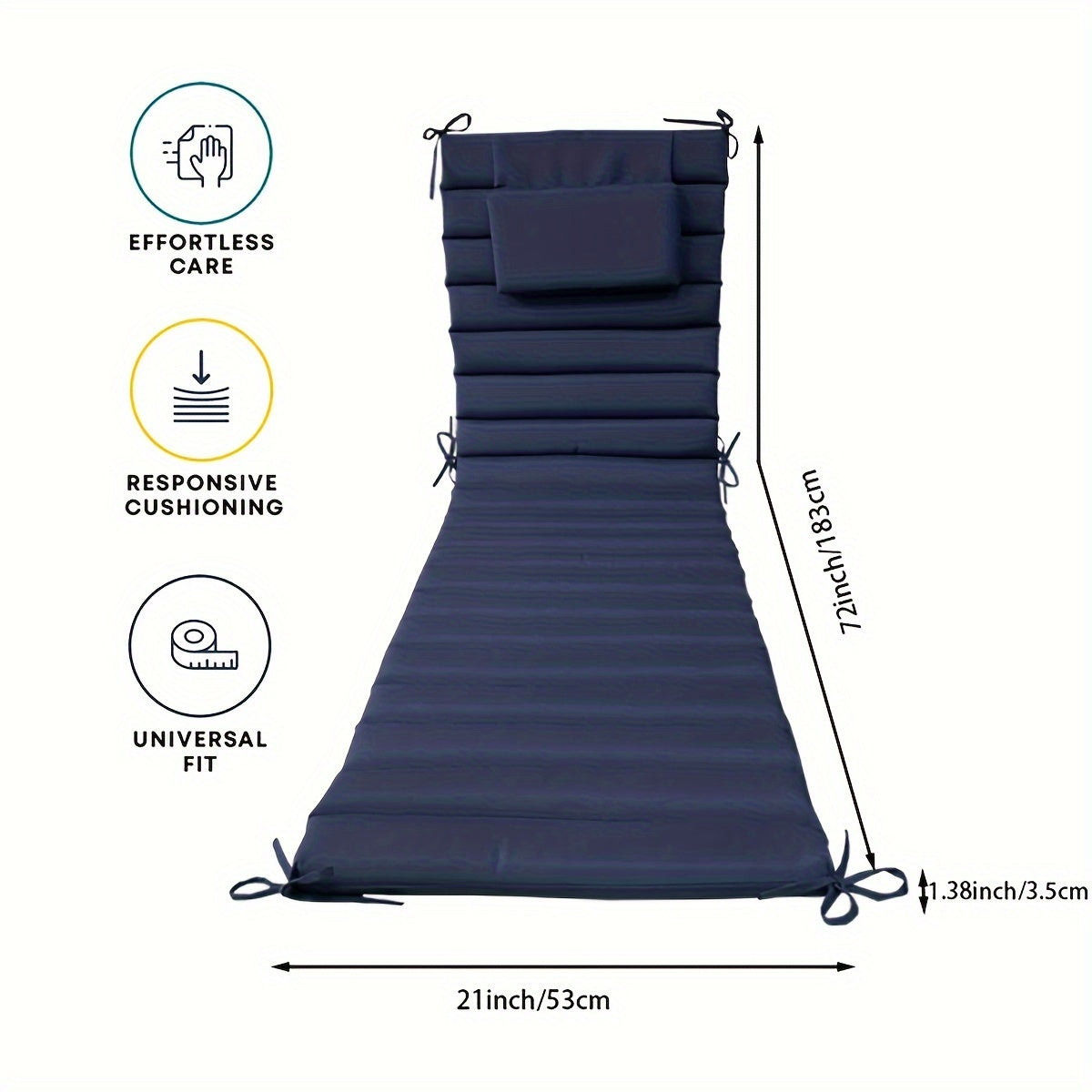 Outdoor Lounge Cushion Dark Blue 182.88cm x 53.34cm with Headrest and Straps for Patio Pool Chairs