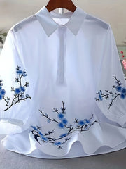 Women's White Embroidered Floral Shirt Polyester Woven for Vacation Spring Summer Autumn
