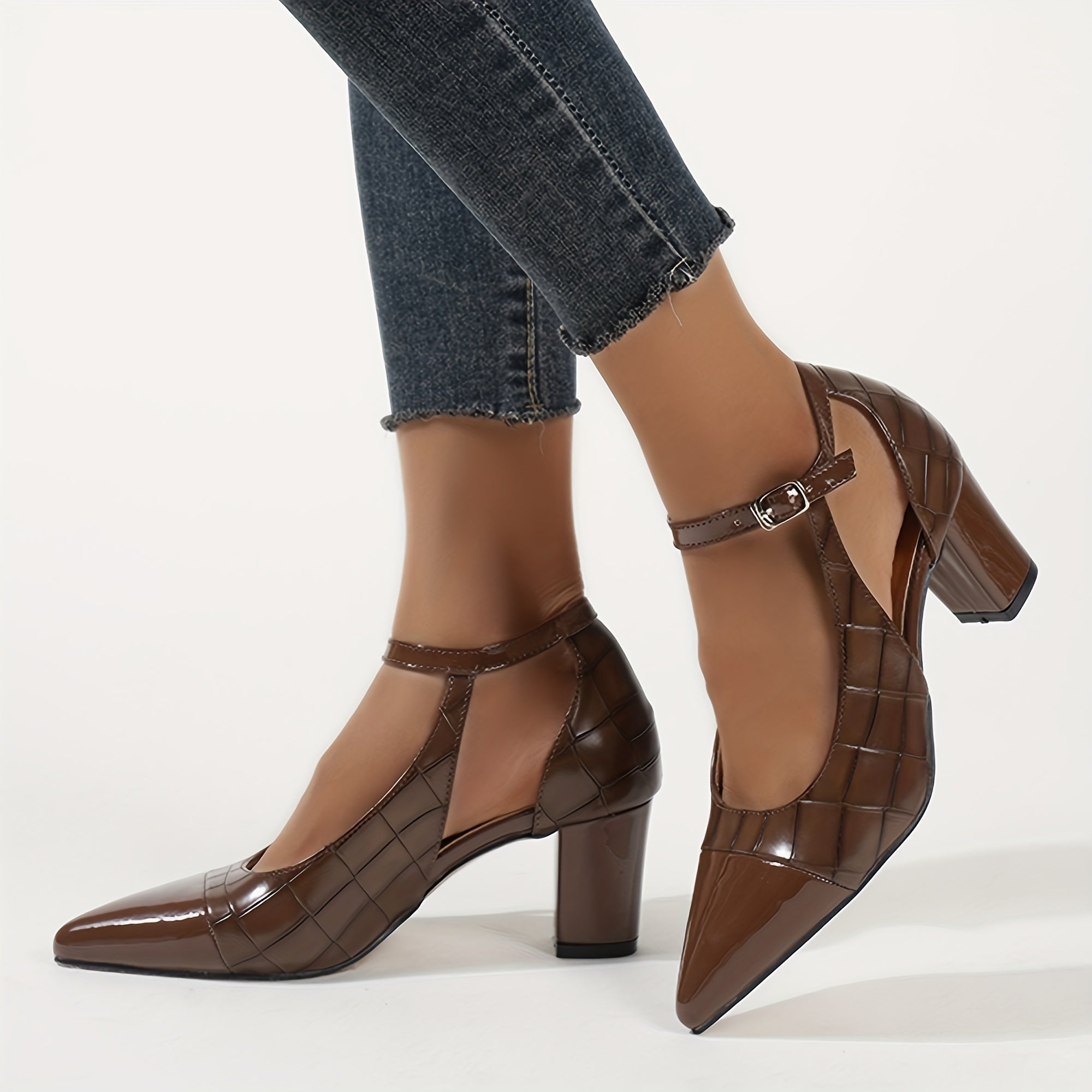 Women's Pointed Toe Chunky Heel Pumps with Ankle Strap Brown