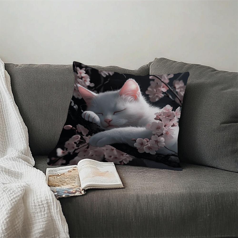 White Cat and Cherry Blossom Cushion Cover 45cm Machine Washable Sofa Bedroom Decor