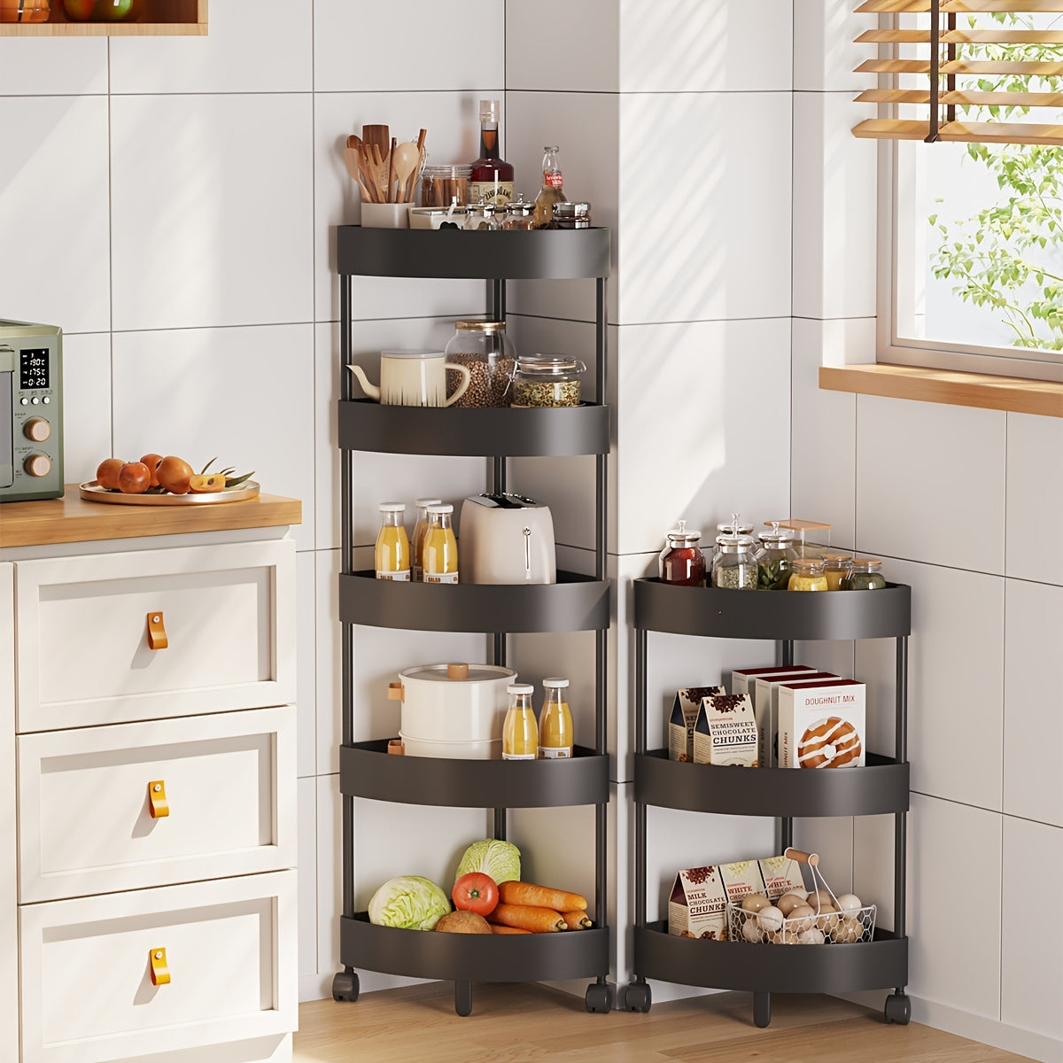 Multi-Tier Storage Rack on Wheels for Fruits Snacks and Beverages Black