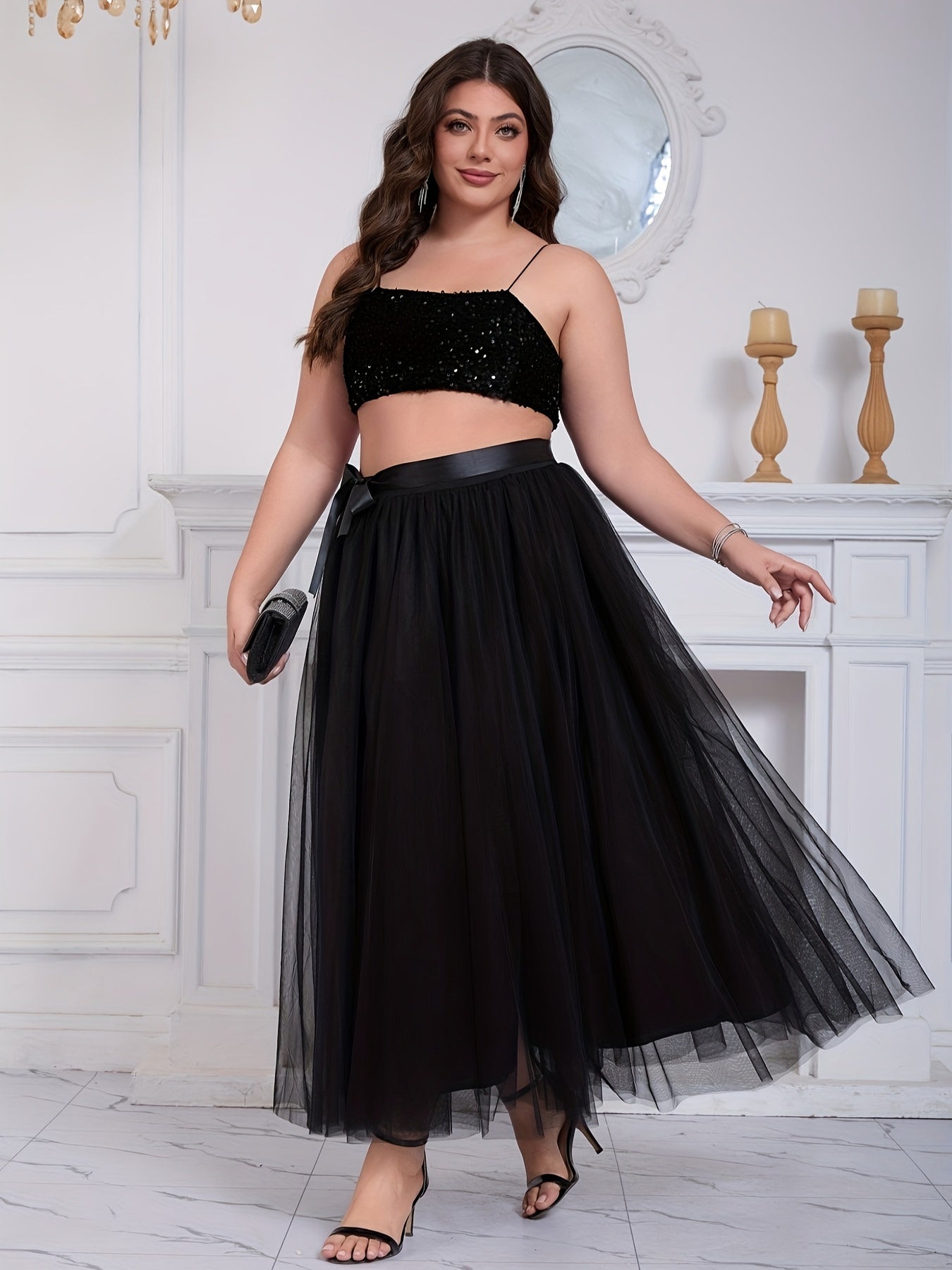 Plus Size Women's Elegant Black Tulle A-Line Skirt With Slit for Formal Wear