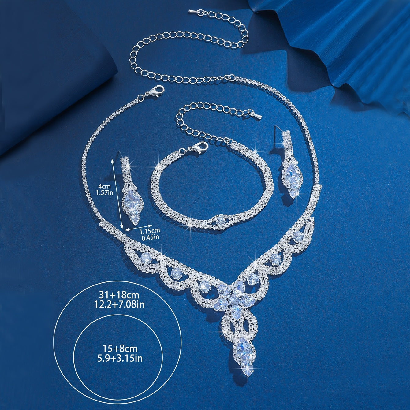 To'y zargarlik buyumlari to'plami Rhinestone taqinchoq, quloq taqinchoq, sozlanadigan bilaguzuk, kuyovlar va tadbirlar uchun