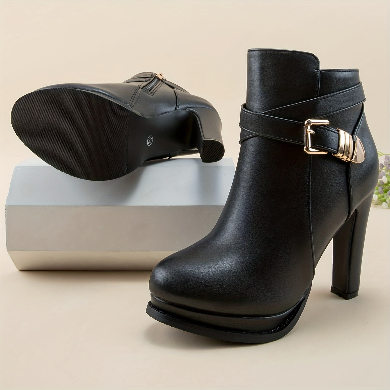 Women's Black Ankle Boots with Gold Buckle Side Zipper Chunky Heels