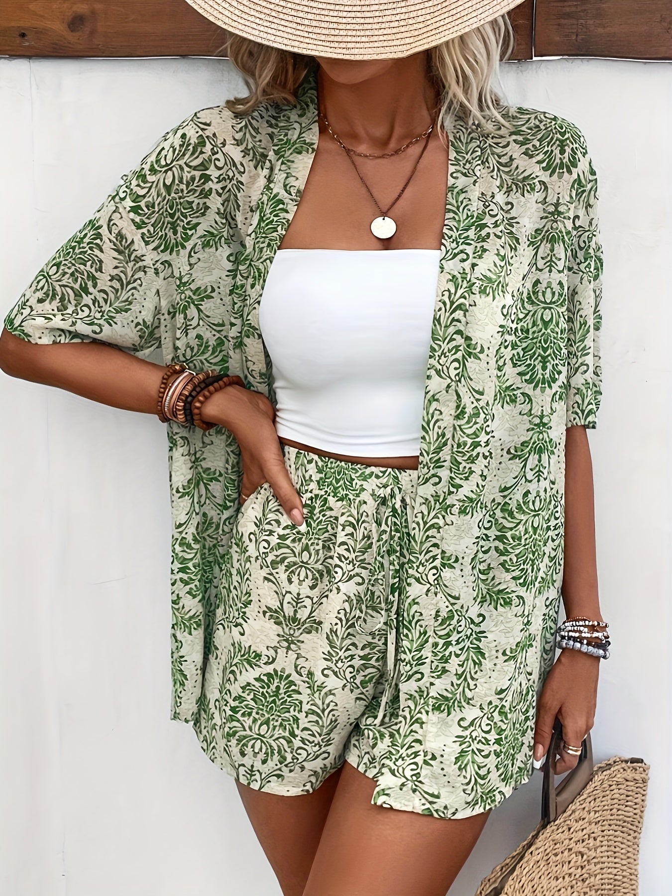 Women's Damask Print Shorts Set with Open Front Blouse and Tied Waist Shorts