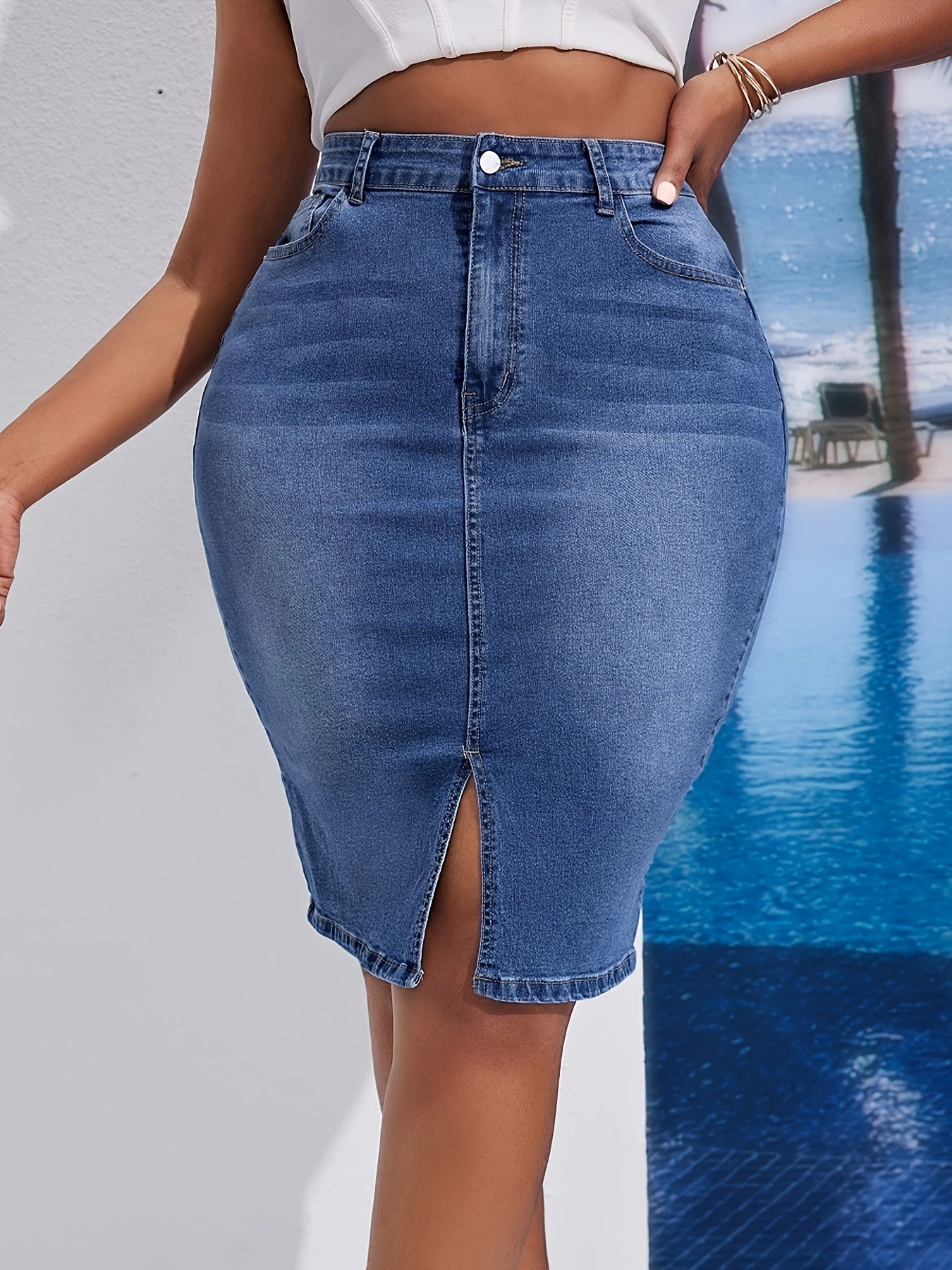 Plus Size Denim Midi Skirt with Side Slit Cotton Washable Blue