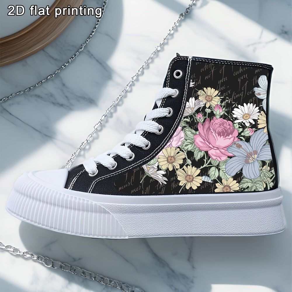 Women's Black and White Floral Casual Sneakers Skateboard Shoes