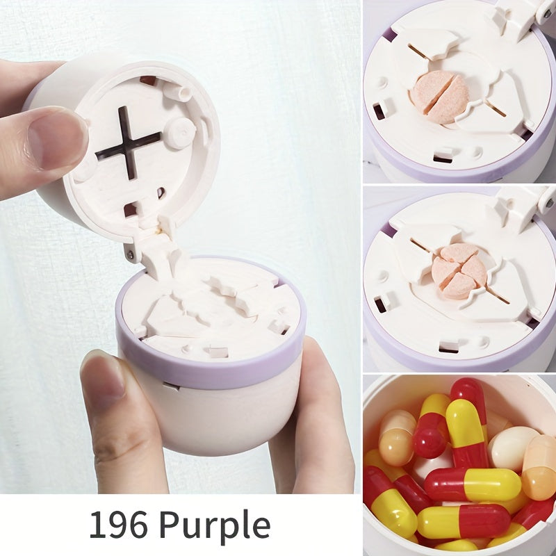 Oson dozajni boshqarish uchun ichki pichoq bilan jihozlangan portativ tabletkalarni kesish va bo‘lish uchun mo‘ljallangan ixcham dori qutisi.