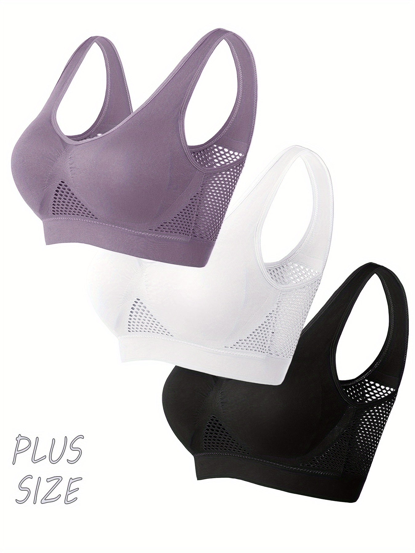 Plus Size Sports Bras Seamless Wireless Padded Mesh for Yoga Fitness Running Black White Purple 3 Pack